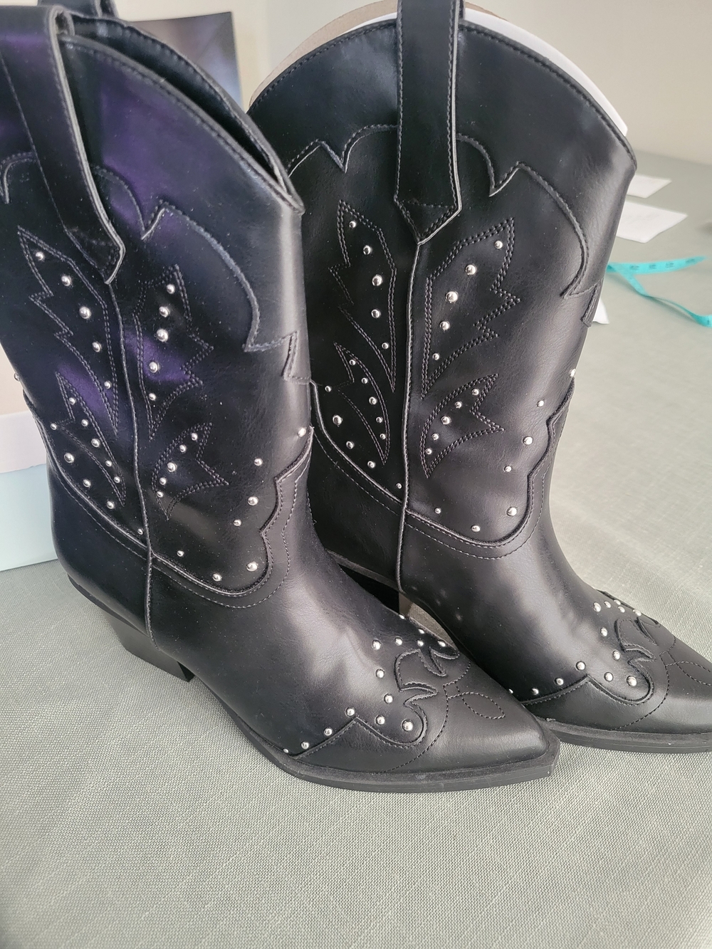 SO Black Studded Western Heeled Boots for Women